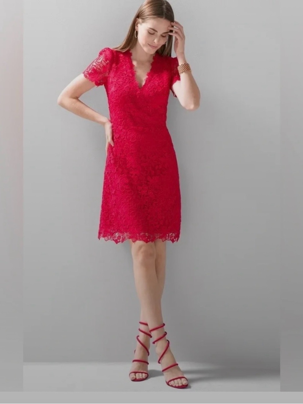 White House Black Market Red Lace V-Neck Sheath Dress